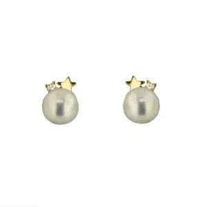 18K Yellow Gold Tiny Star and Zirconia Pearl Post Earrings 