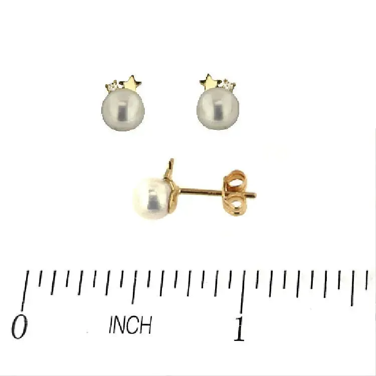 18K Yellow Gold Tiny Star and Zirconia Pearl Post Earrings 