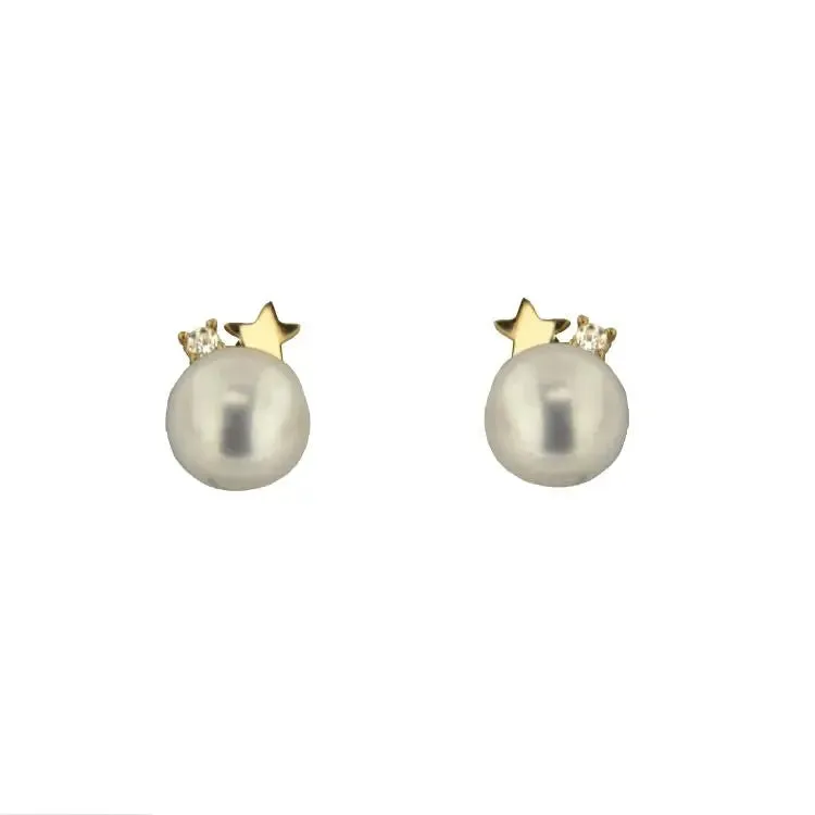 18K Yellow Gold Tiny Star and Zirconia Pearl Post Earrings 