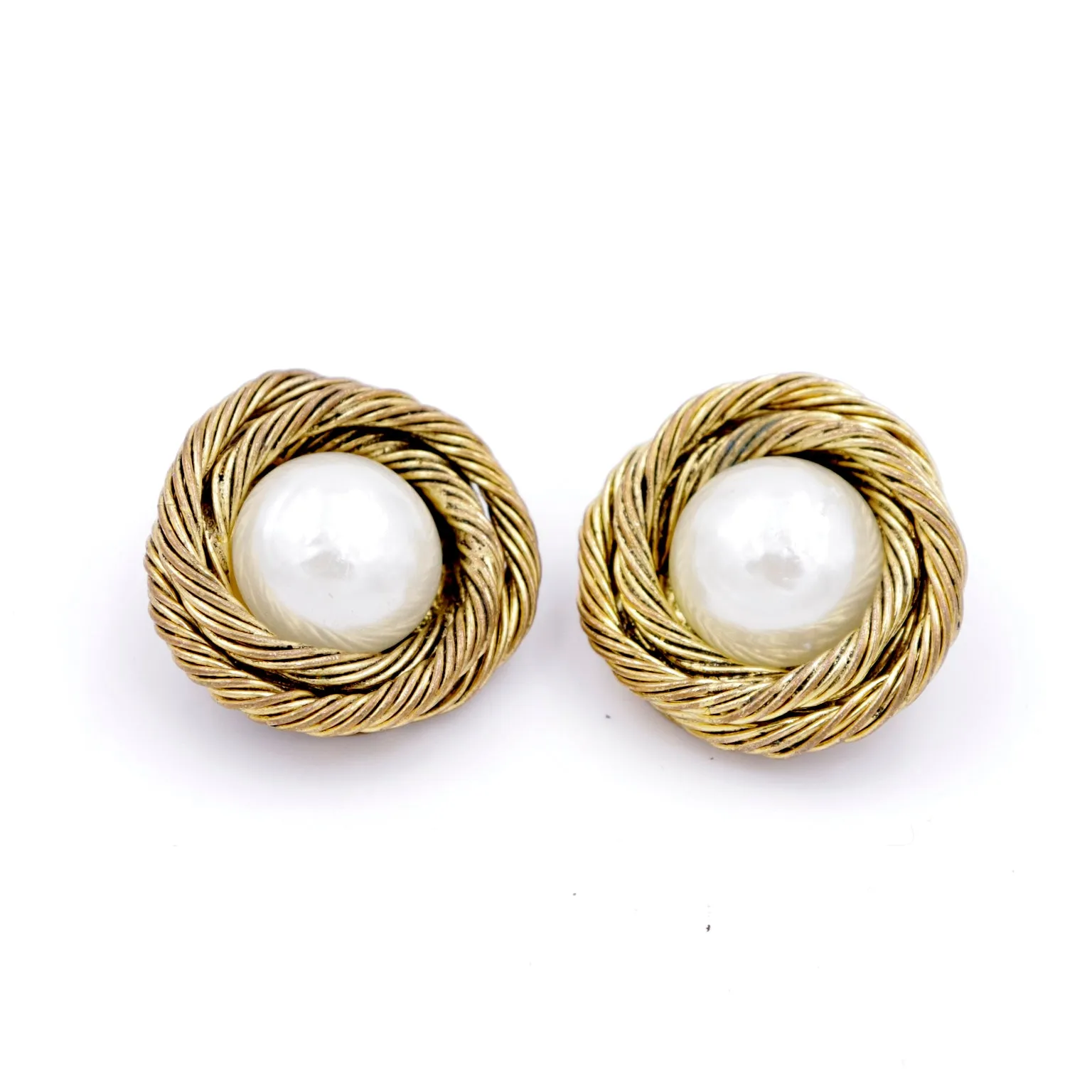 1980s Chanel Twisted Rope Gold Gilded Earrings w Pearl Cabochon