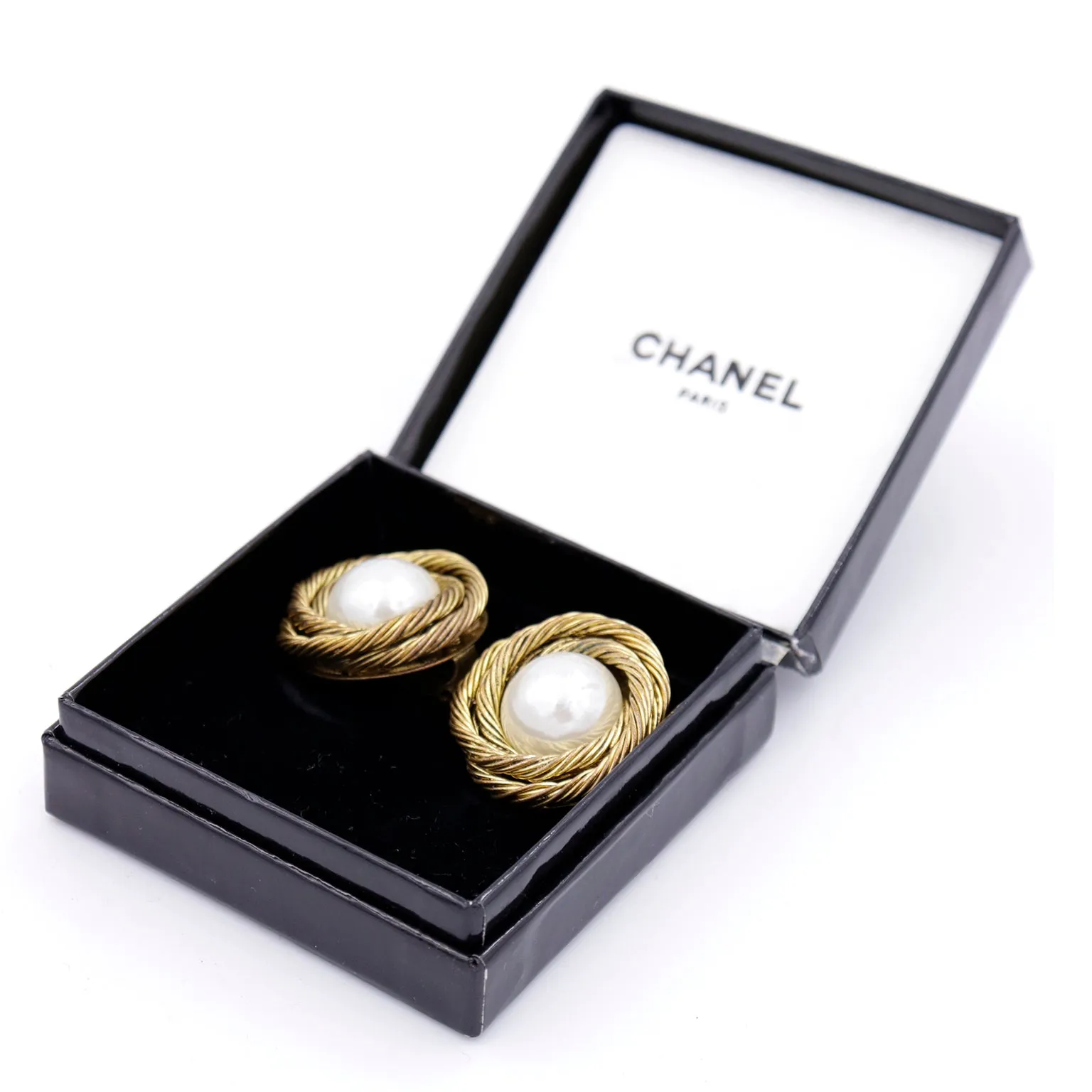 1980s Chanel Twisted Rope Gold Gilded Earrings w Pearl Cabochon
