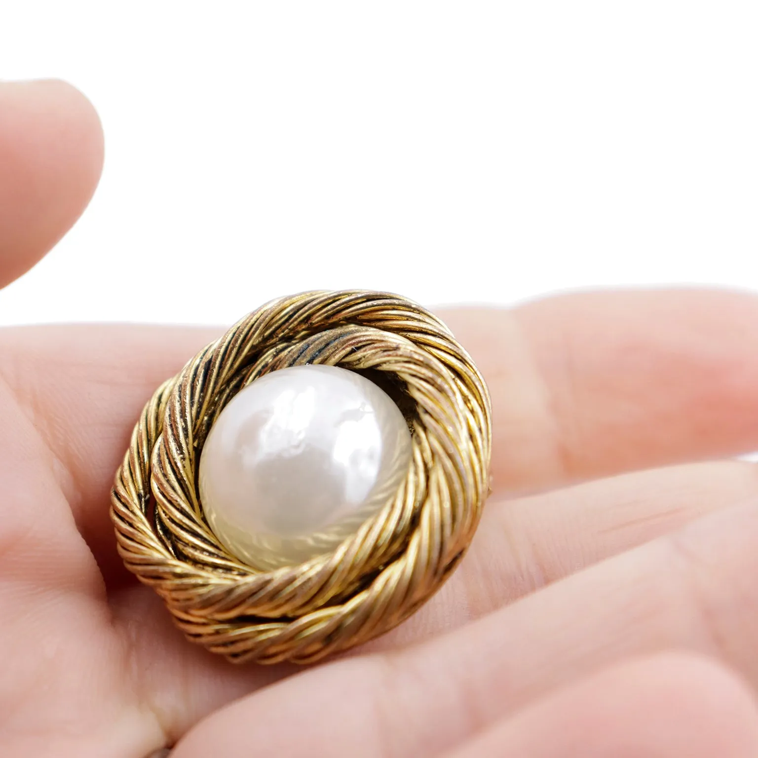 1980s Chanel Twisted Rope Gold Gilded Earrings w Pearl Cabochon