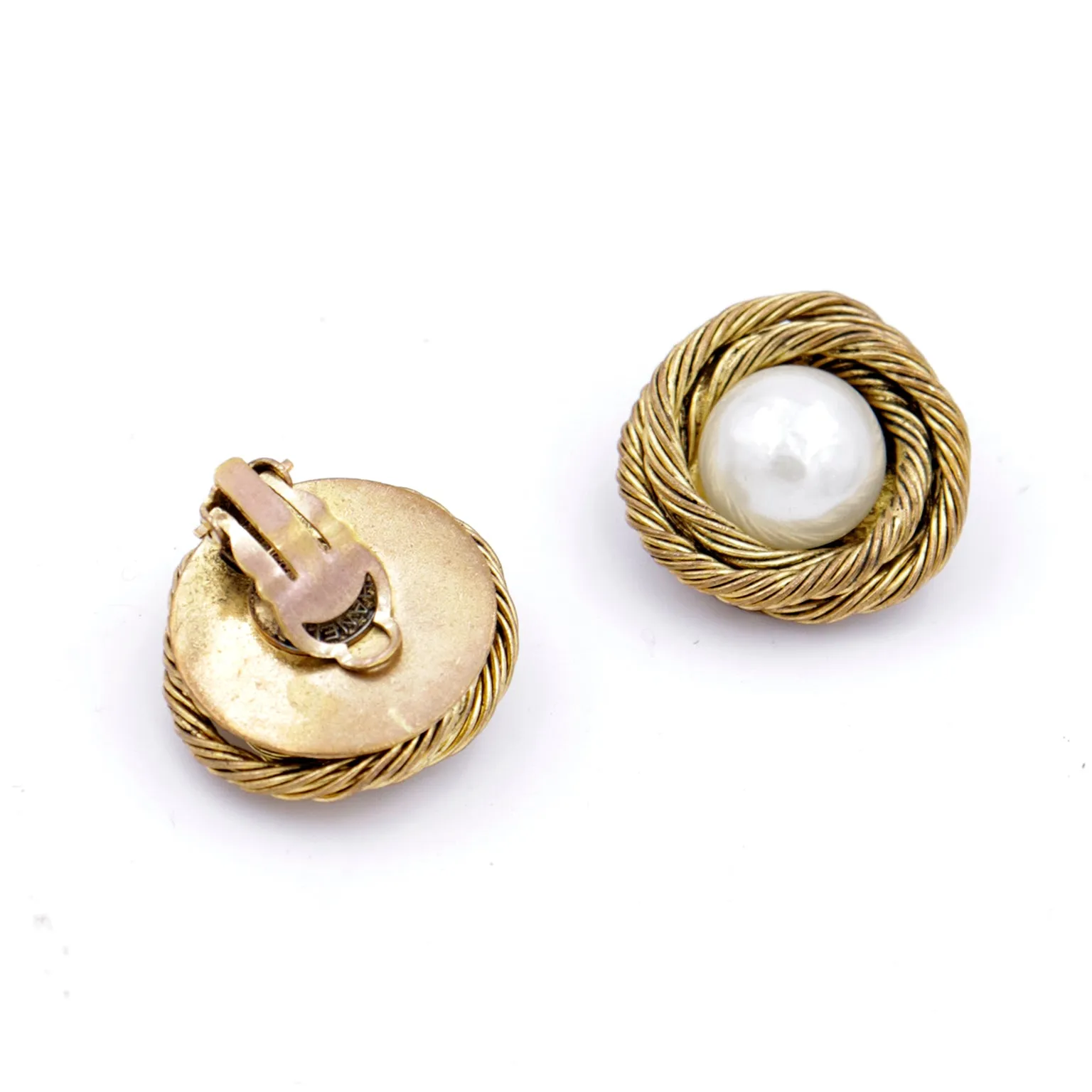 1980s Chanel Twisted Rope Gold Gilded Earrings w Pearl Cabochon