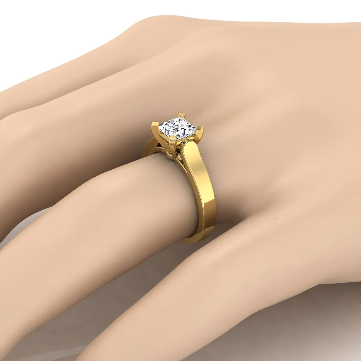 1ctw Princess Cut Diamond Solitaire Engagement Ring With Cathedral Setting And Squared Edge Shank In 14k Yellow Gold, Igi-certified