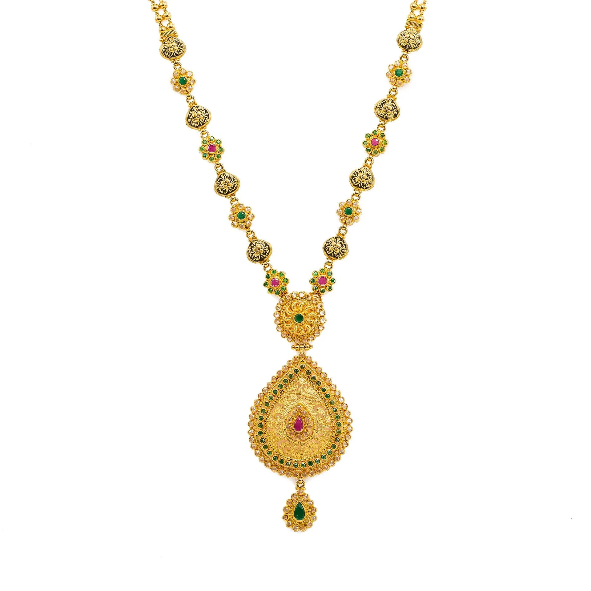 22K Yellow Gold Necklace And Earrings Set W/ Rubies, Emeralds, CZ Gems & Faceted Pear Pendants
