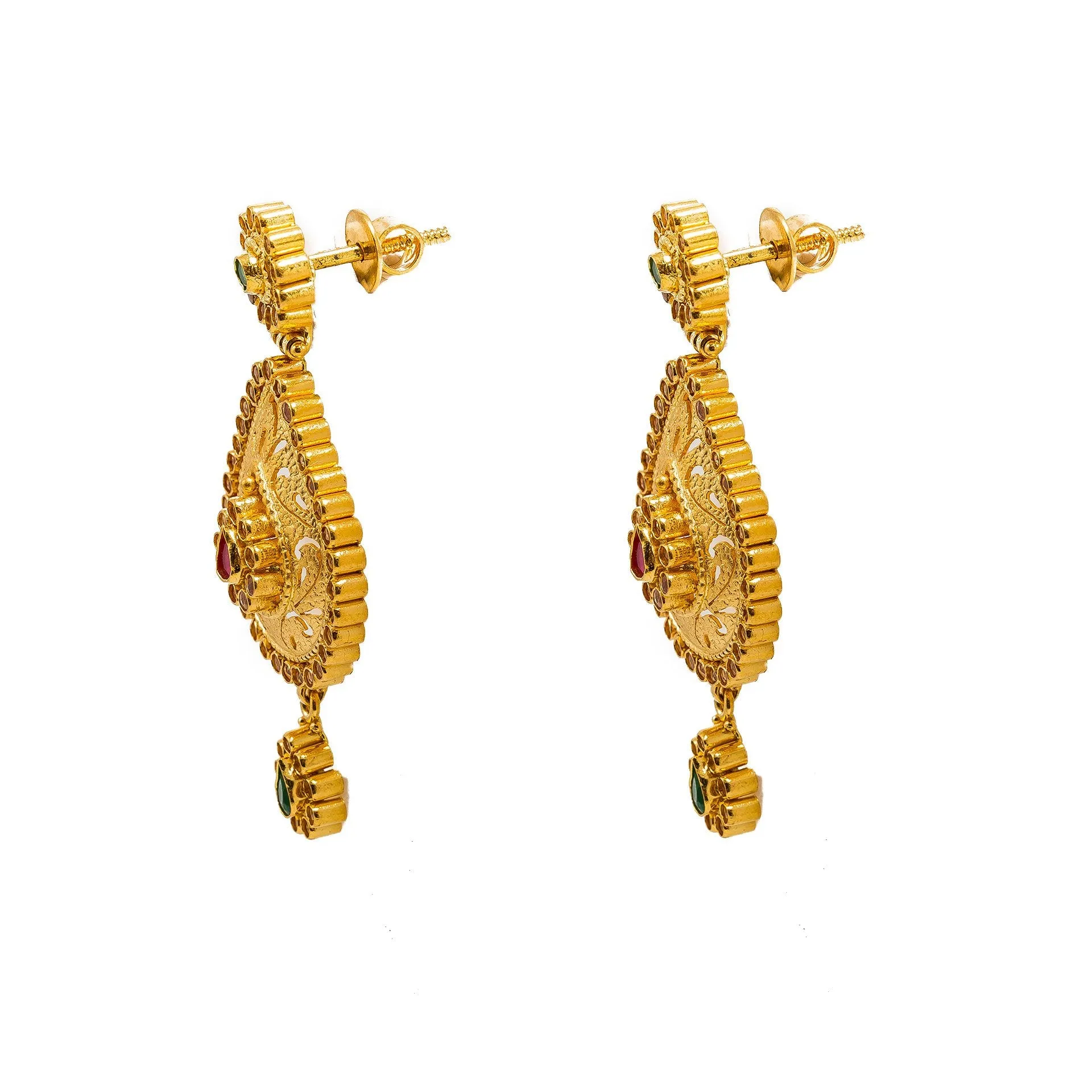 22K Yellow Gold Necklace And Earrings Set W/ Rubies, Emeralds, CZ Gems & Faceted Pear Pendants
