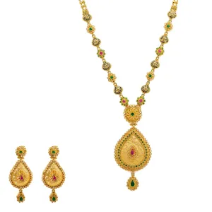 22K Yellow Gold Necklace And Earrings Set W/ Rubies, Emeralds, CZ Gems & Faceted Pear Pendants