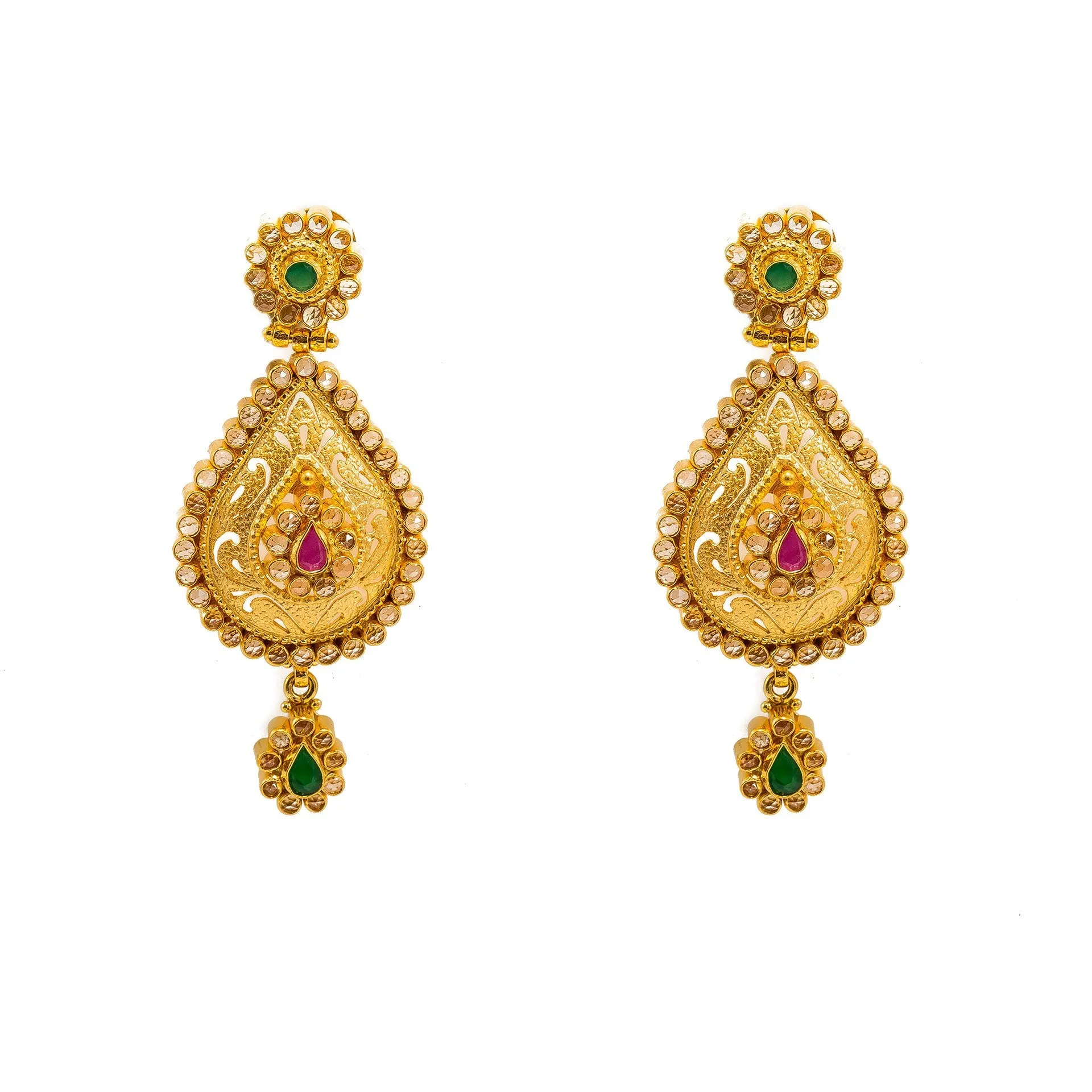 22K Yellow Gold Necklace And Earrings Set W/ Rubies, Emeralds, CZ Gems & Faceted Pear Pendants