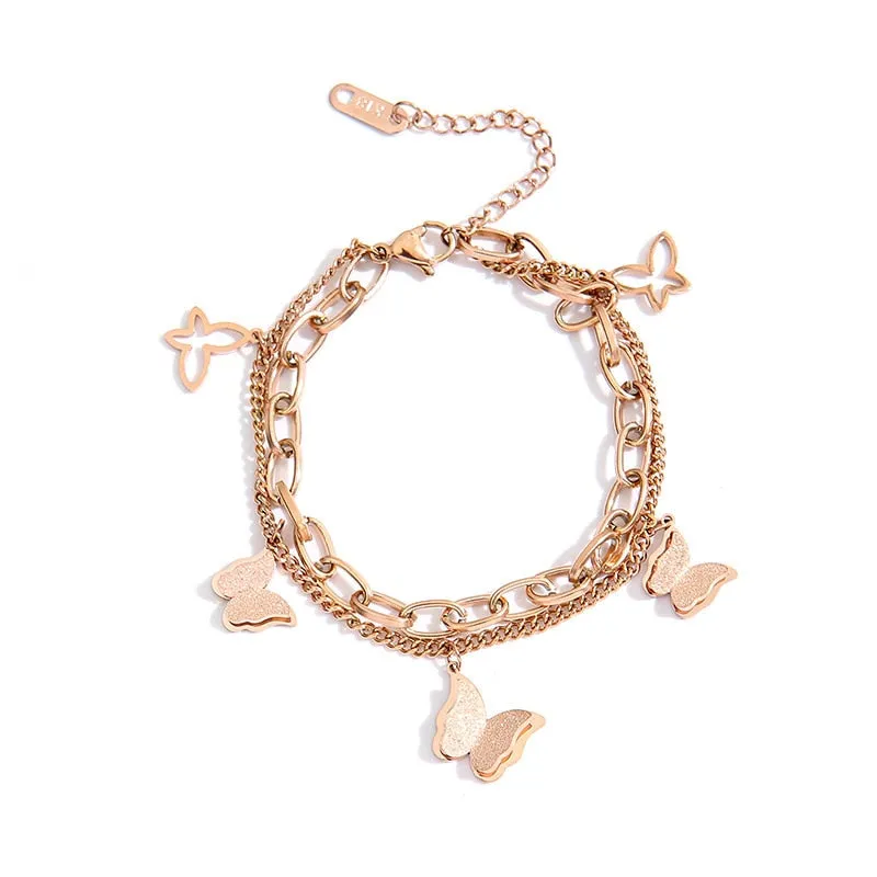 316L Stainless Steel 2 Layers Sweet Butterfly Pendant Rose Gold Color Woman Bracelet