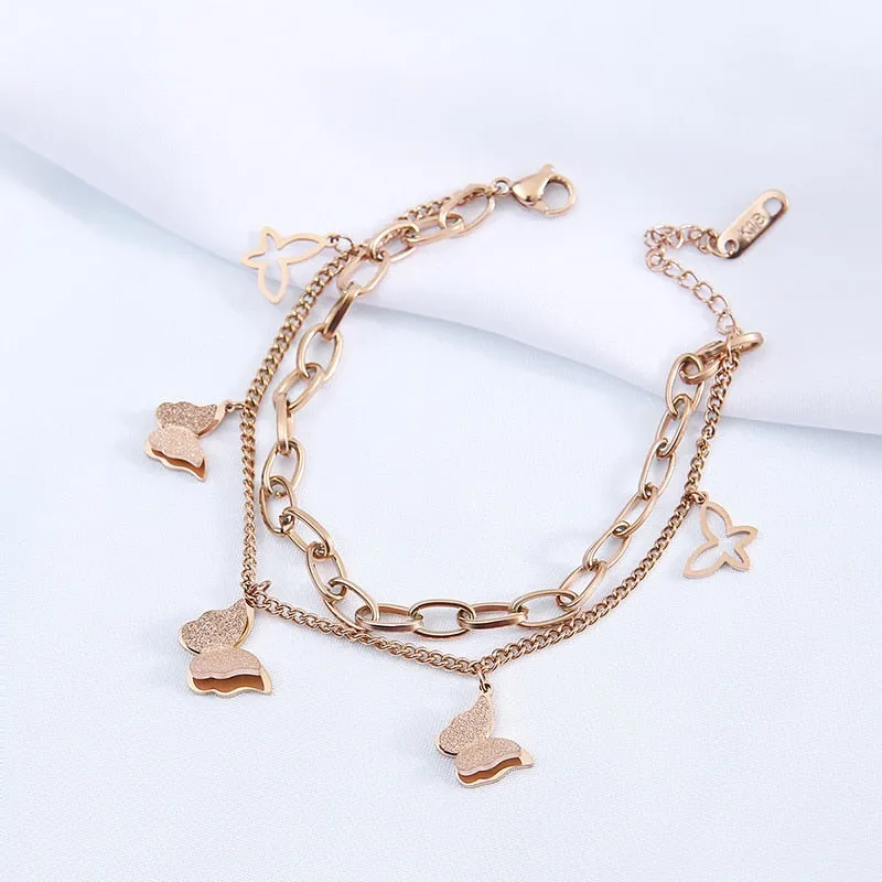 316L Stainless Steel 2 Layers Sweet Butterfly Pendant Rose Gold Color Woman Bracelet