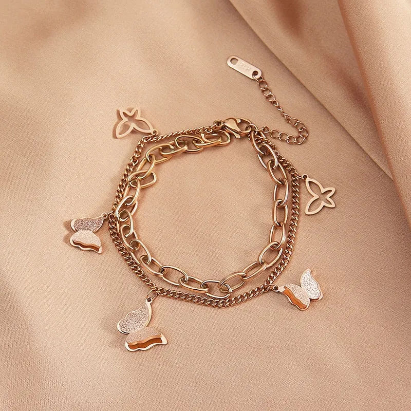 316L Stainless Steel 2 Layers Sweet Butterfly Pendant Rose Gold Color Woman Bracelet