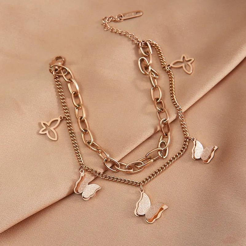 316L Stainless Steel 2 Layers Sweet Butterfly Pendant Rose Gold Color Woman Bracelet