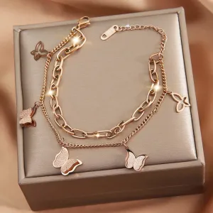 316L Stainless Steel 2 Layers Sweet Butterfly Pendant Rose Gold Color Woman Bracelet