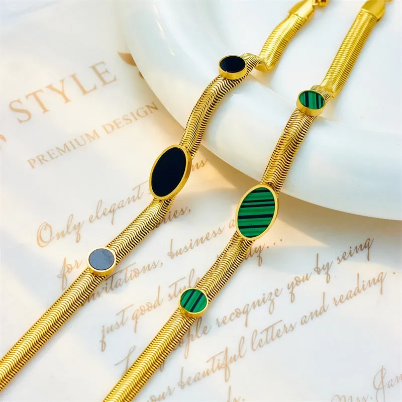 316L Stainless Steel Black Green Oval Stone Charm Bracelet For Women