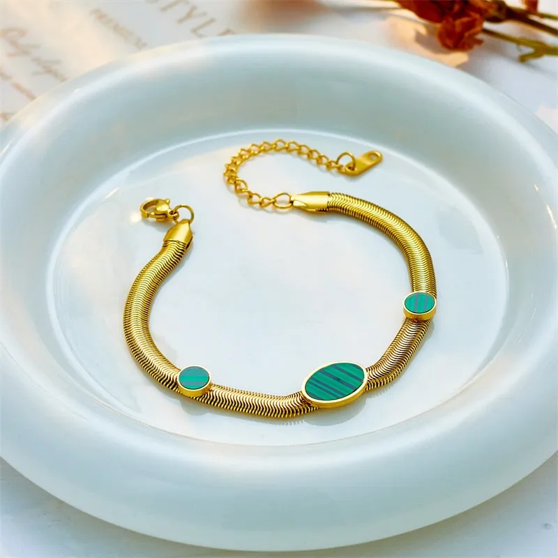 316L Stainless Steel Black Green Oval Stone Charm Bracelet For Women