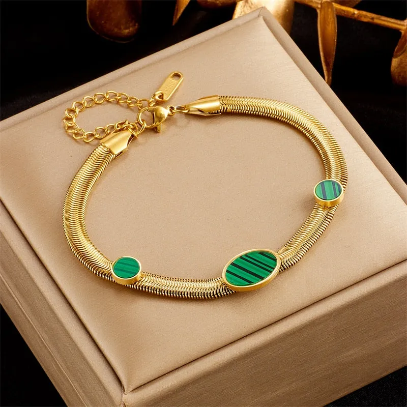 316L Stainless Steel Black Green Oval Stone Charm Bracelet For Women
