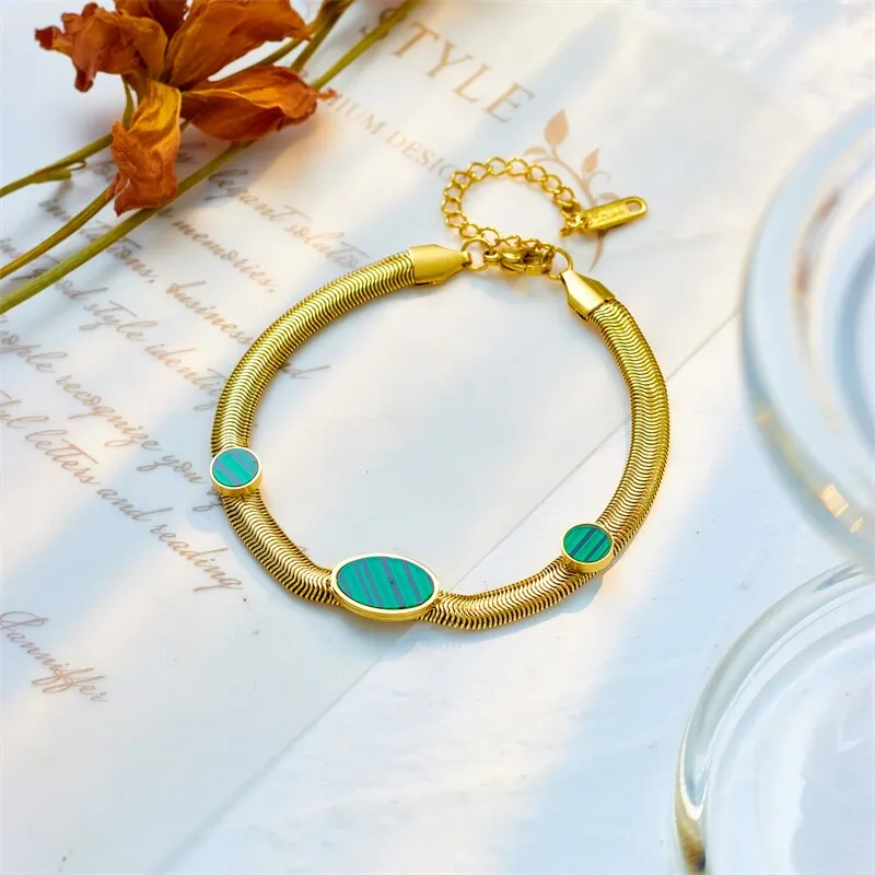 316L Stainless Steel Black Green Oval Stone Charm Bracelet For Women