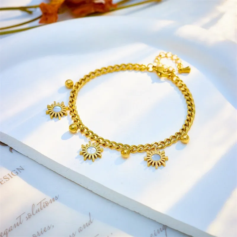 316L Stainless Steel Gold Color Beads Sun Charm Bracelet For Women