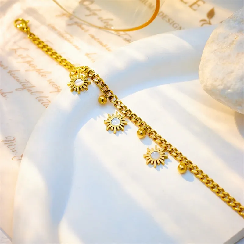 316L Stainless Steel Gold Color Beads Sun Charm Bracelet For Women