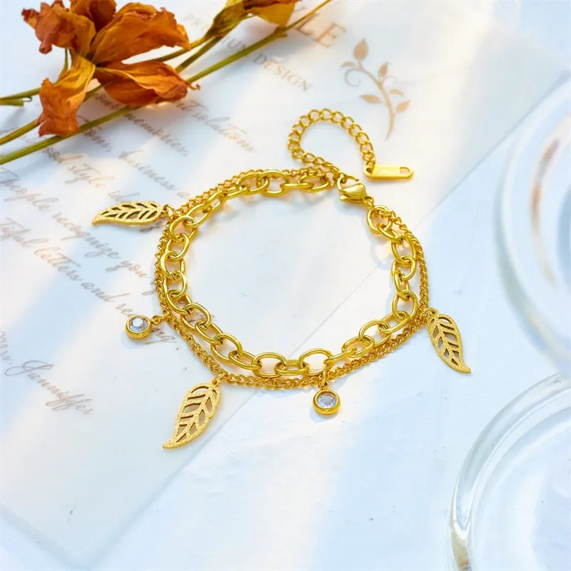 316L Stainless Steel Gold Color Leaves Leaf Charm Bracelet For Women