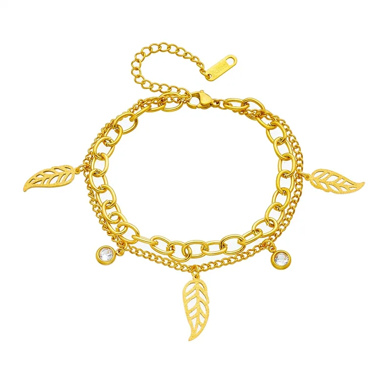 316L Stainless Steel Gold Color Leaves Leaf Charm Bracelet For Women
