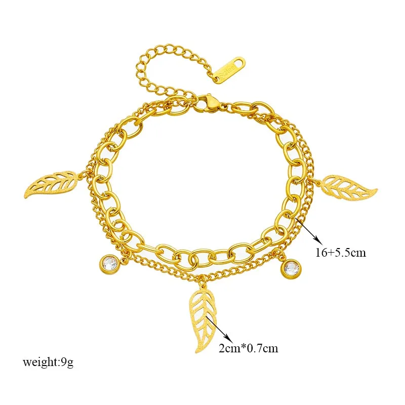 316L Stainless Steel Gold Color Leaves Leaf Charm Bracelet For Women