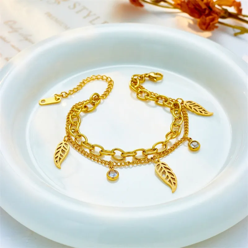 316L Stainless Steel Gold Color Leaves Leaf Charm Bracelet For Women