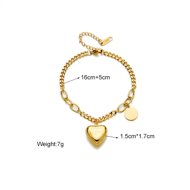 316L Stainless Steel Gold Color Love Heart Charm Bracelet For Women