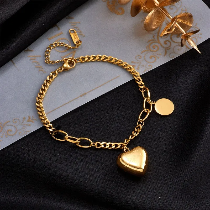 316L Stainless Steel Gold Color Love Heart Charm Bracelet For Women