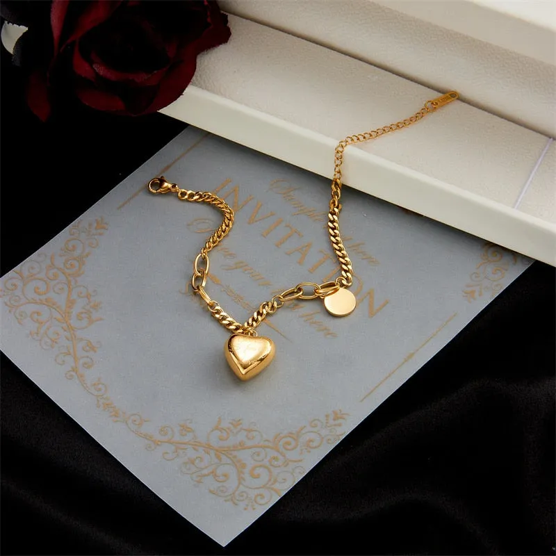 316L Stainless Steel Gold Color Love Heart Charm Bracelet For Women