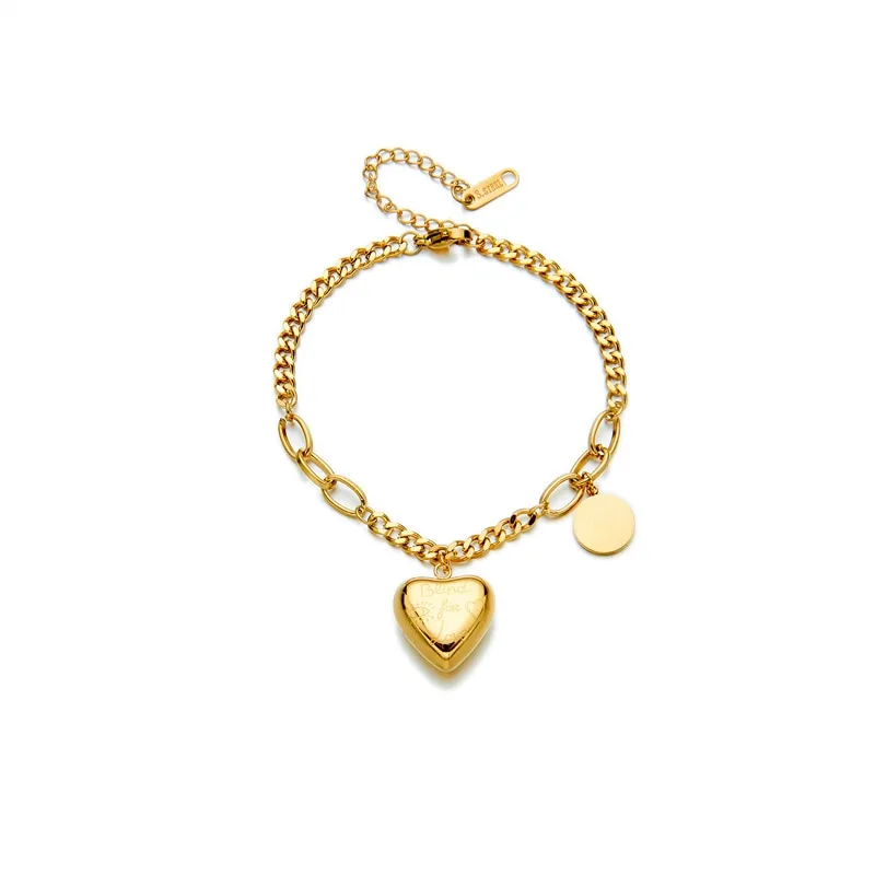 316L Stainless Steel Gold Color Love Heart Charm Bracelet For Women