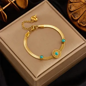 316L Stainless Steel Round Green Stone Chain Bracelet For Women