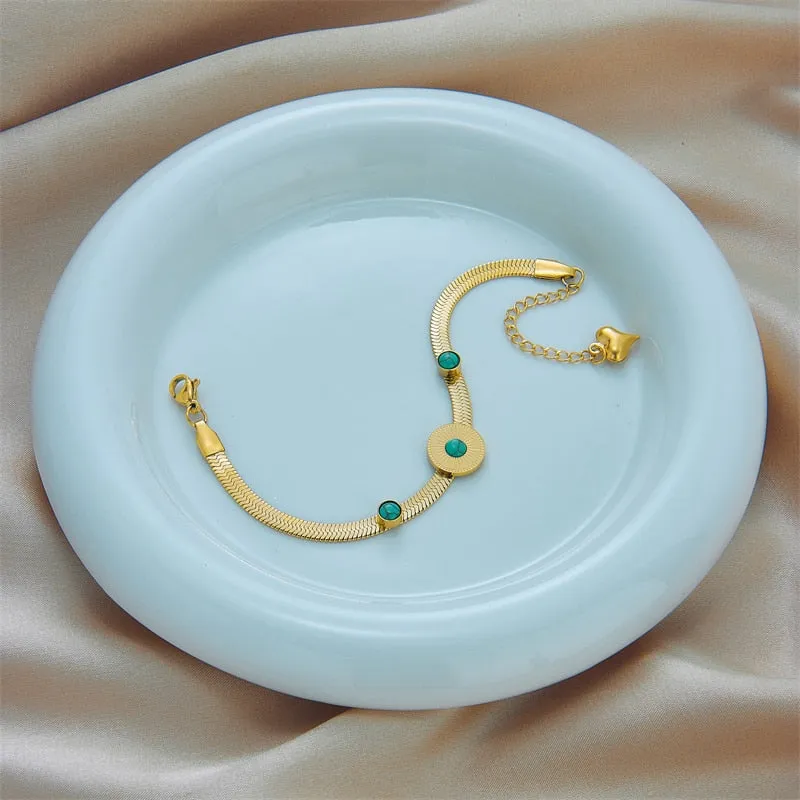 316L Stainless Steel Round Green Stone Chain Bracelet For Women