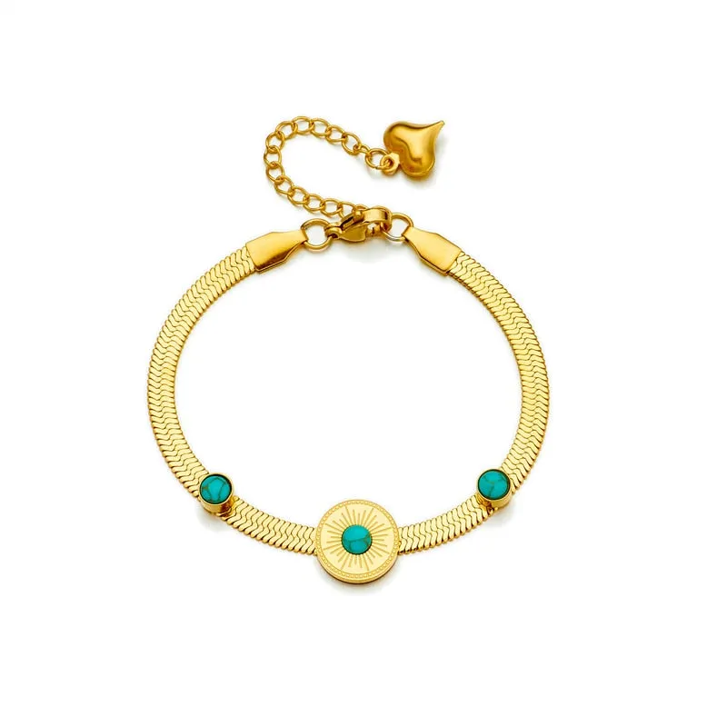 316L Stainless Steel Round Green Stone Chain Bracelet For Women