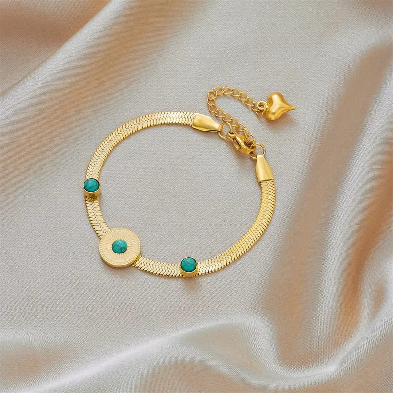 316L Stainless Steel Round Green Stone Chain Bracelet For Women