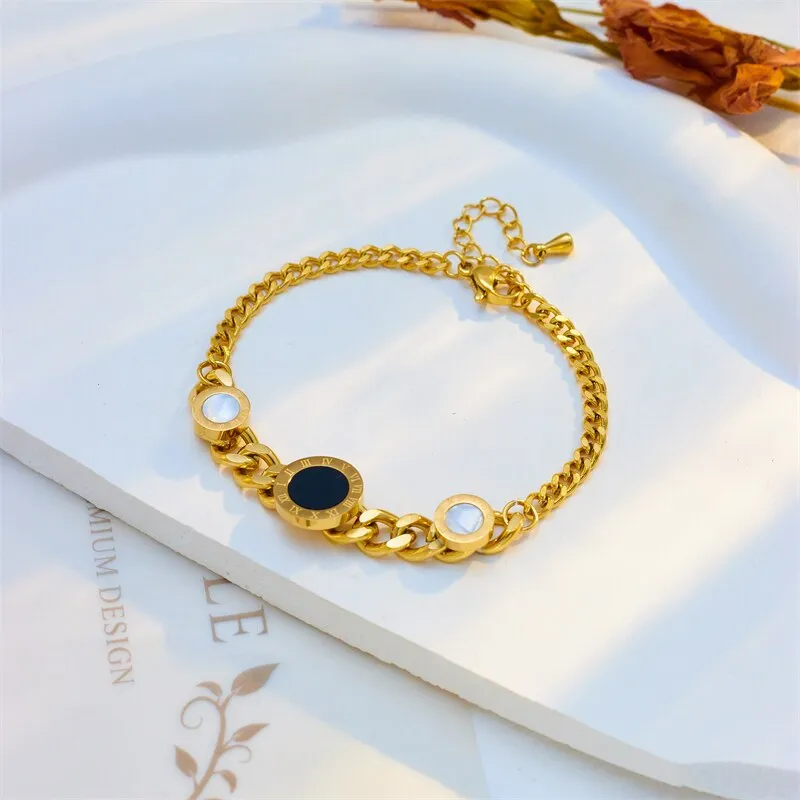316L Stainless Steel Round Roman Numerals Charm Bracelet For Women