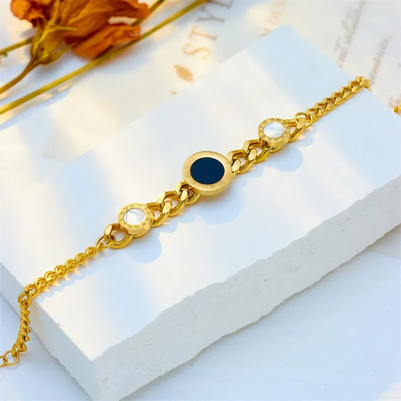 316L Stainless Steel Round Roman Numerals Charm Bracelet For Women