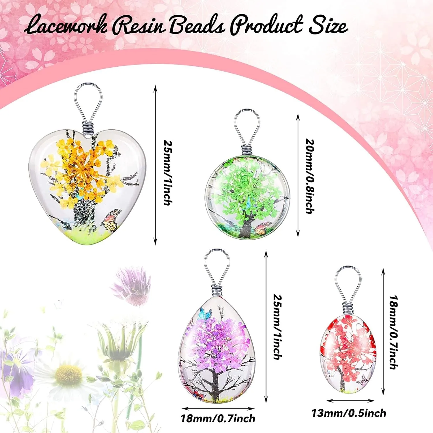 40 Pieces Dried Flower Pendant Dried Flower Tree Charms Resin Dried Pressed Flower Pendant Lacework Transparent Glass Ball Beads round Floating Pendant Mixed Colors for Making Jewelry DIY Craft