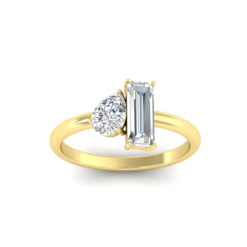 4.25 Ct. Pear And Straight Baguette Lab Diamond 2 Stone Ring 14K Gold