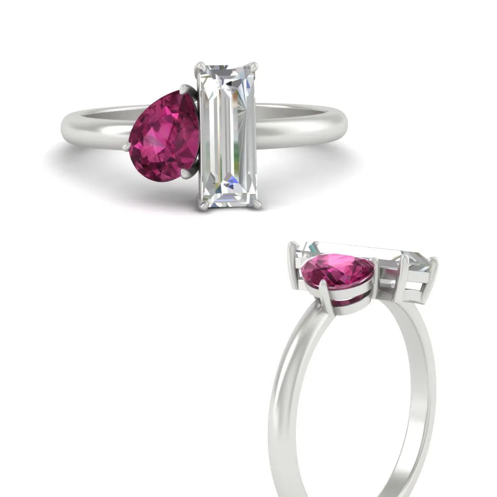 4.25 Ct. Pear And Straight Baguette Lab Diamond 2 Stone Ring 14K Gold