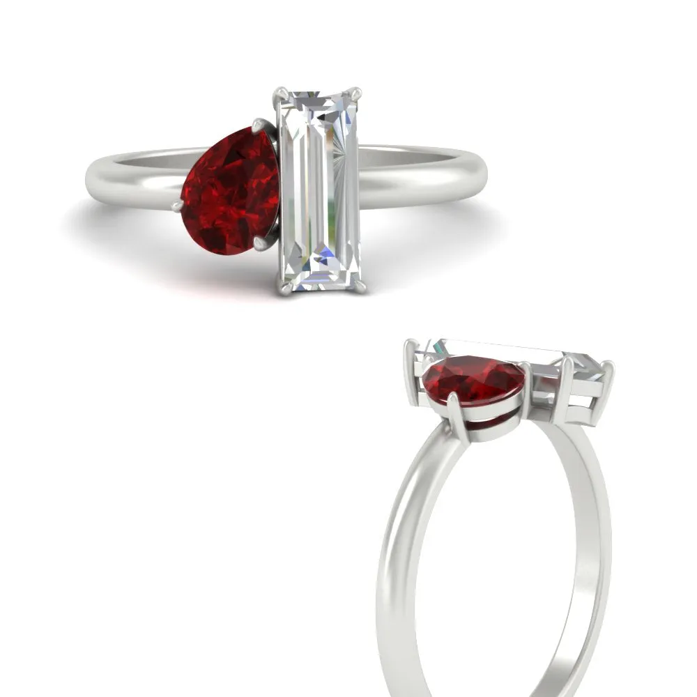 4.25 Ct. Pear And Straight Baguette Lab Diamond 2 Stone Ring 14K Gold