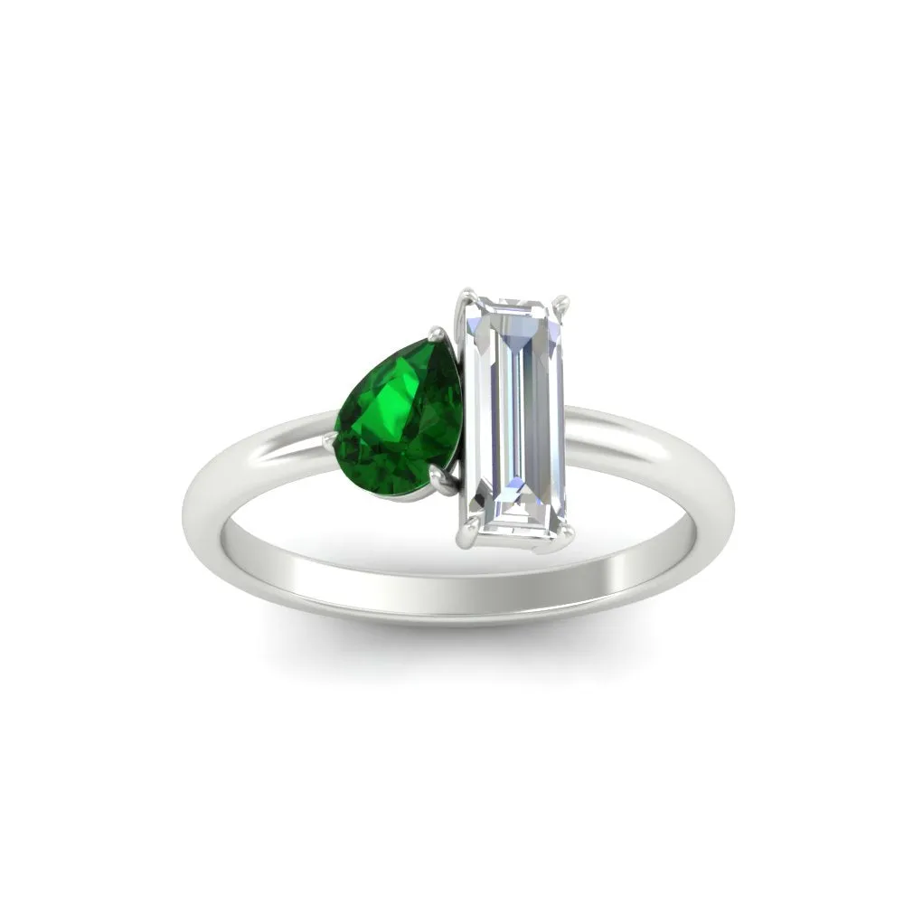 4.25 Ct. Pear And Straight Baguette Lab Diamond 2 Stone Ring 14K Gold