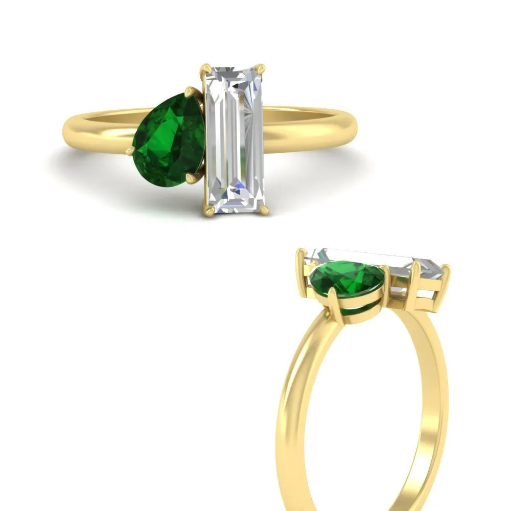 4.25 Ct. Pear And Straight Baguette Lab Diamond 2 Stone Ring 14K Gold