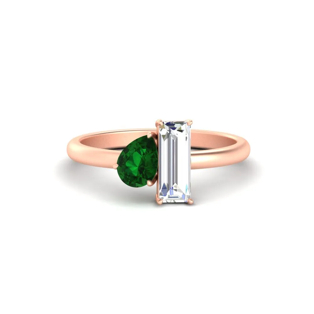 4.25 Ct. Pear And Straight Baguette Lab Diamond 2 Stone Ring 14K Gold