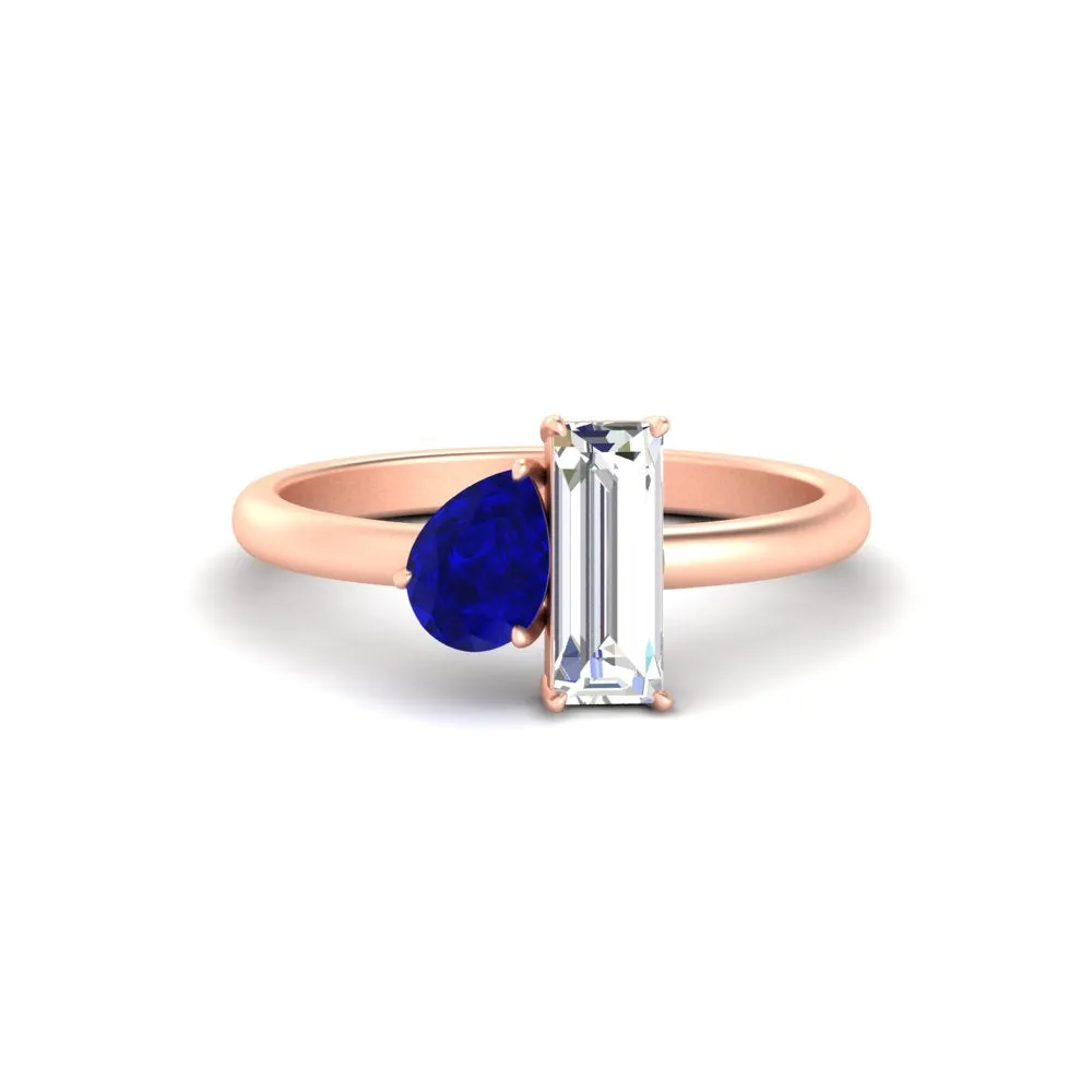 4.25 Ct. Pear And Straight Baguette Lab Diamond 2 Stone Ring 14K Gold