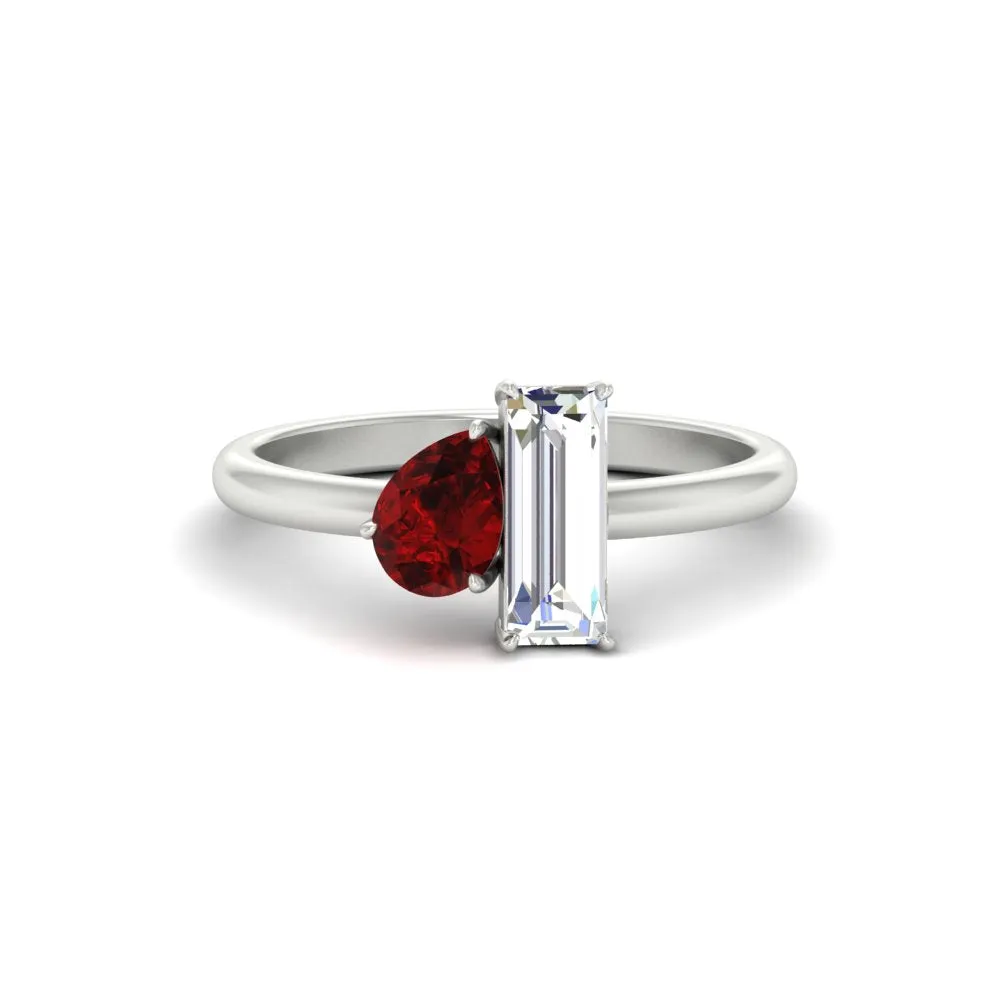 4.25 Ct. Pear And Straight Baguette Lab Diamond 2 Stone Ring 14K Gold