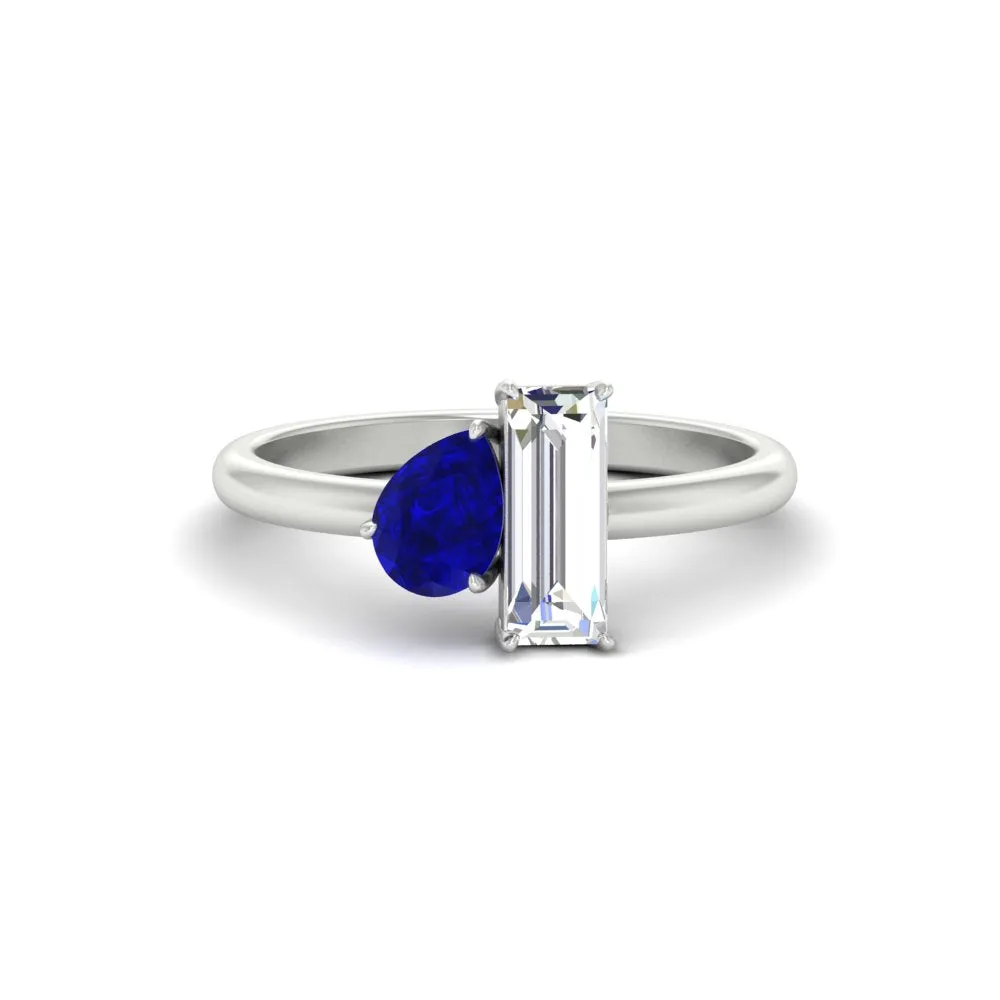 4.25 Ct. Pear And Straight Baguette Lab Diamond 2 Stone Ring 14K Gold
