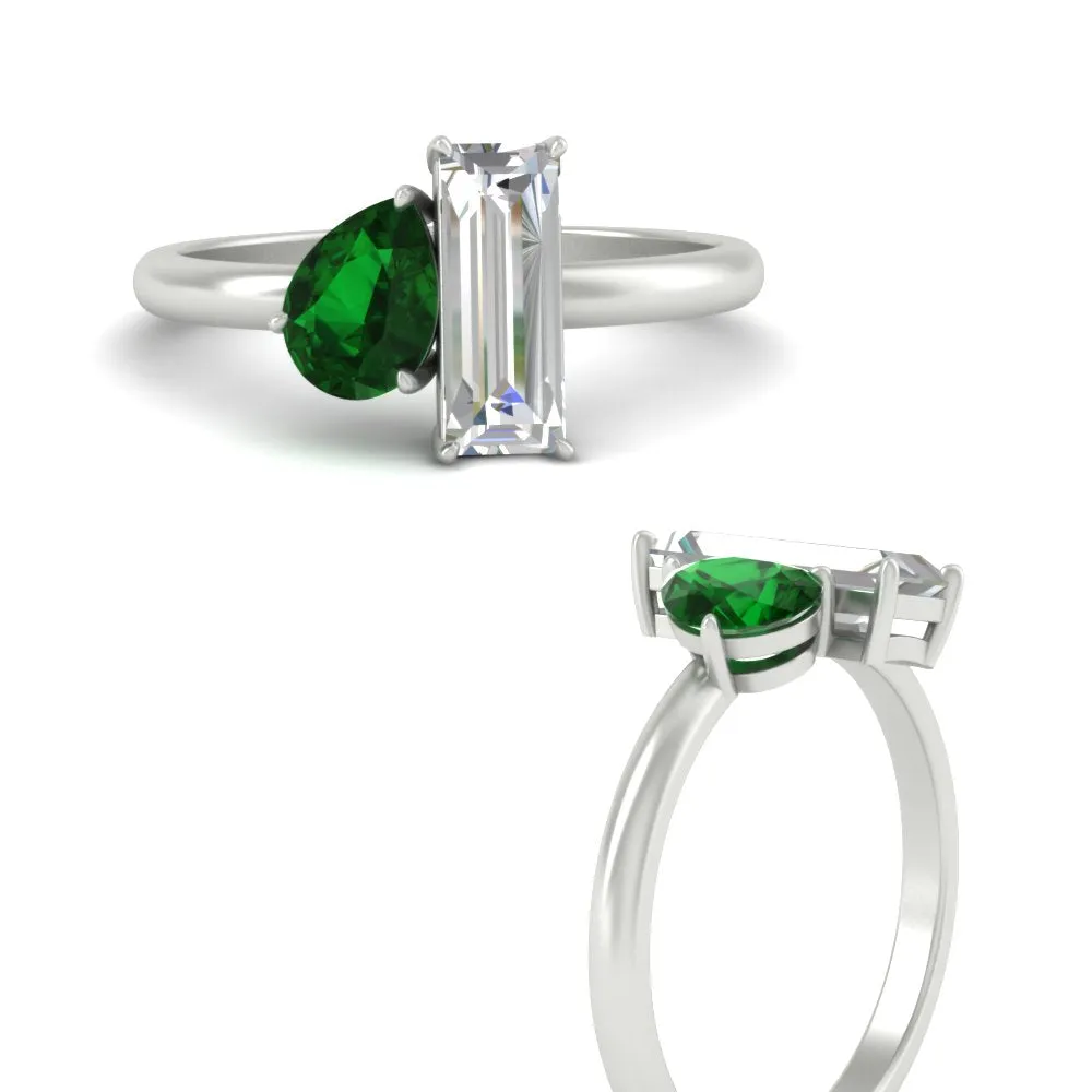 4.25 Ct. Pear And Straight Baguette Lab Diamond 2 Stone Ring 14K Gold