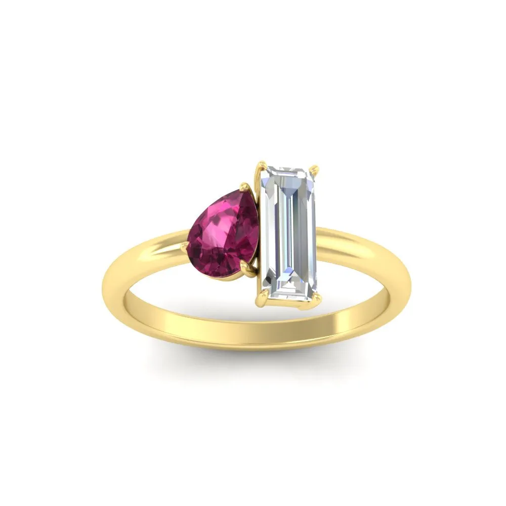 4.25 Ct. Pear And Straight Baguette Lab Diamond 2 Stone Ring 14K Gold
