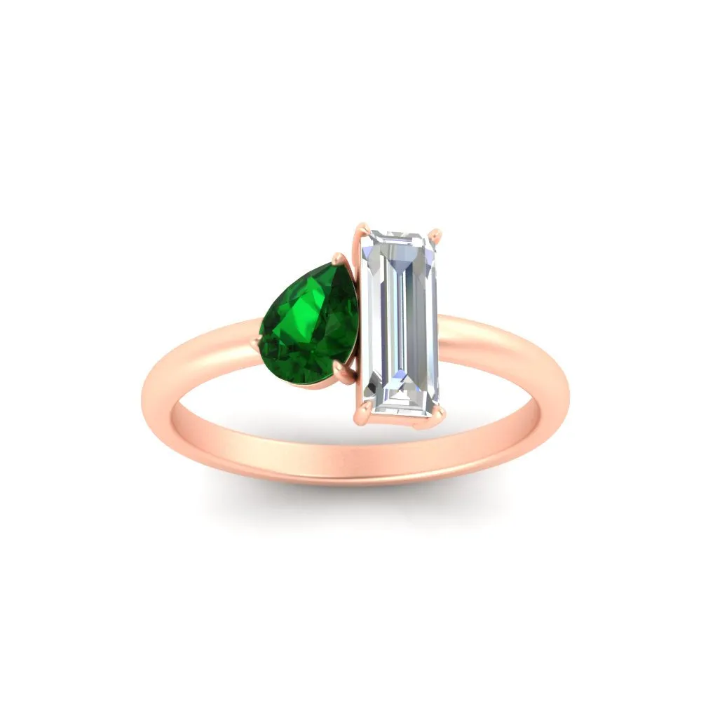 4.25 Ct. Pear And Straight Baguette Lab Diamond 2 Stone Ring 14K Gold